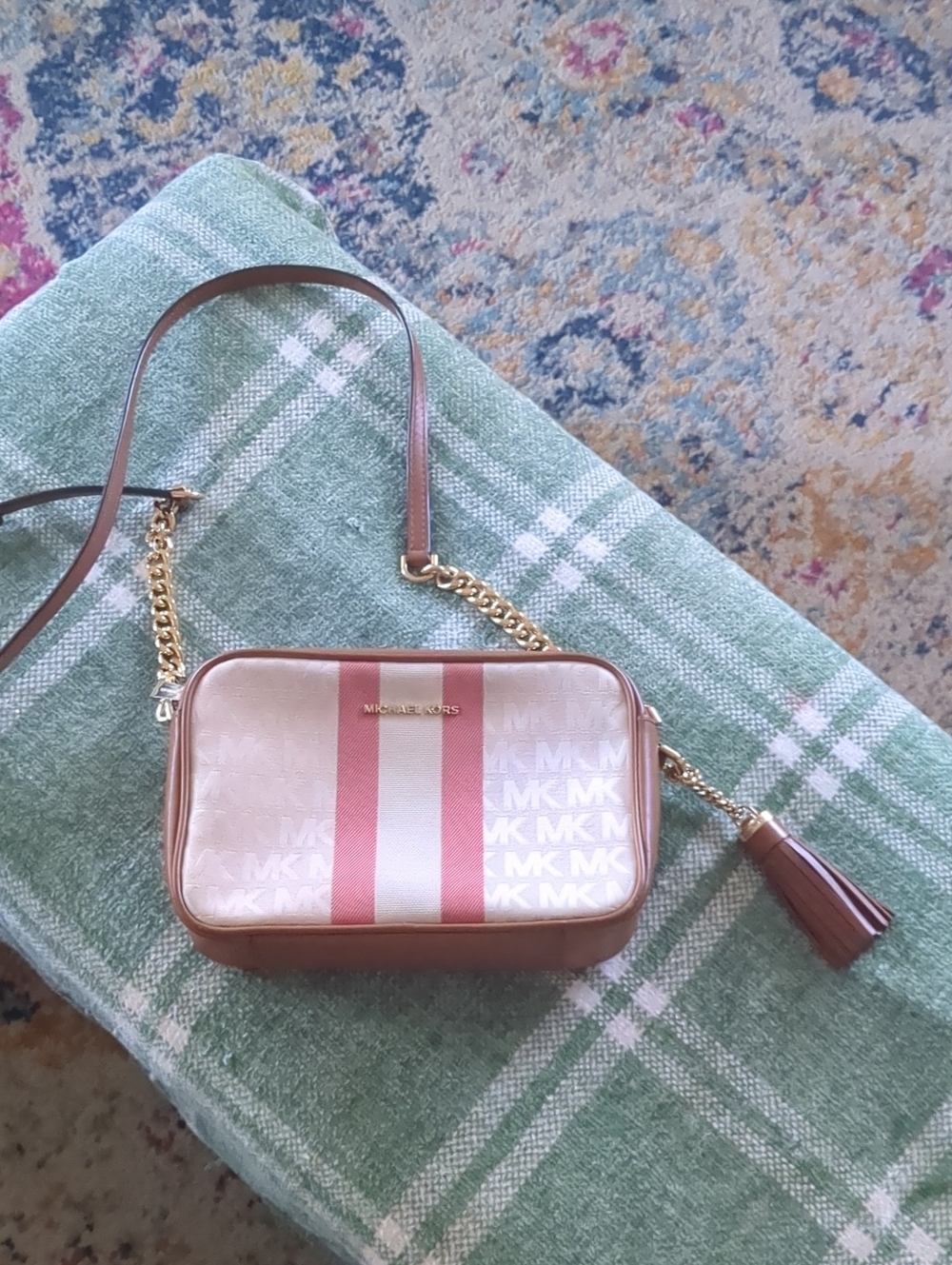 Michael Kors Pink and Cream Signature Stripe Crossbody